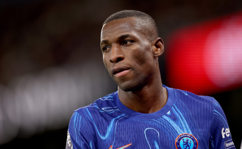 Nicolas Jackson looks on during a Premier League game between Manchester City and Chelsea.