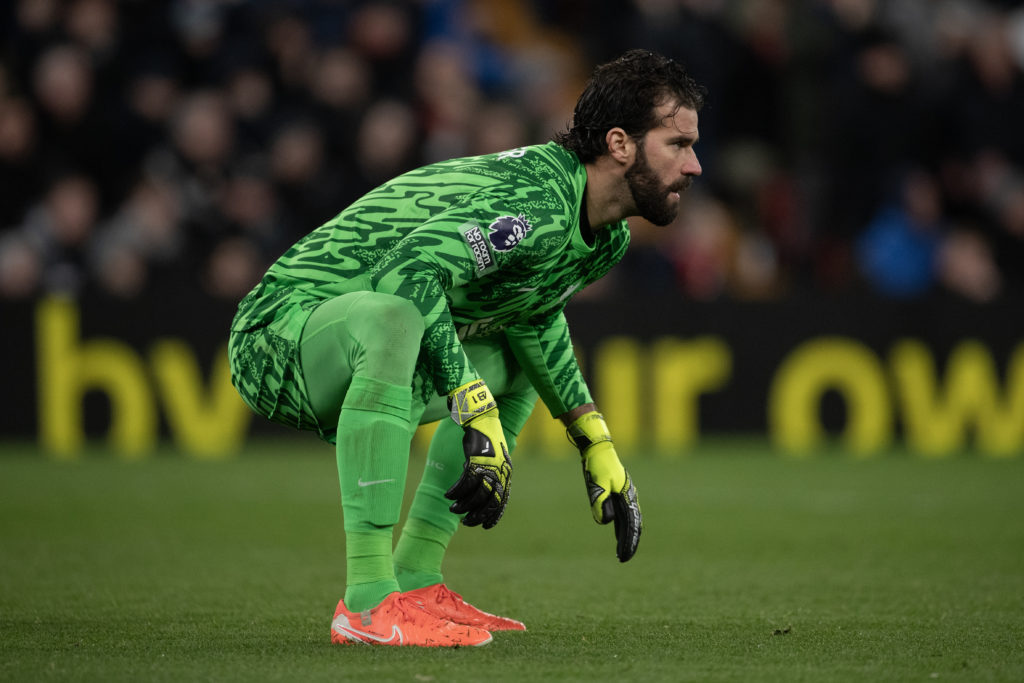 Alisson Becker looks on during a Premier League game between Liverpool and Newcastle United.