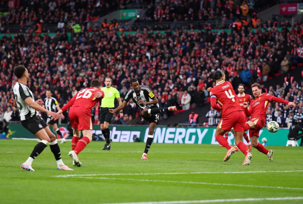 Alexander Isak scores for Newcastle United against Liverpool in the Carabao Cup final.