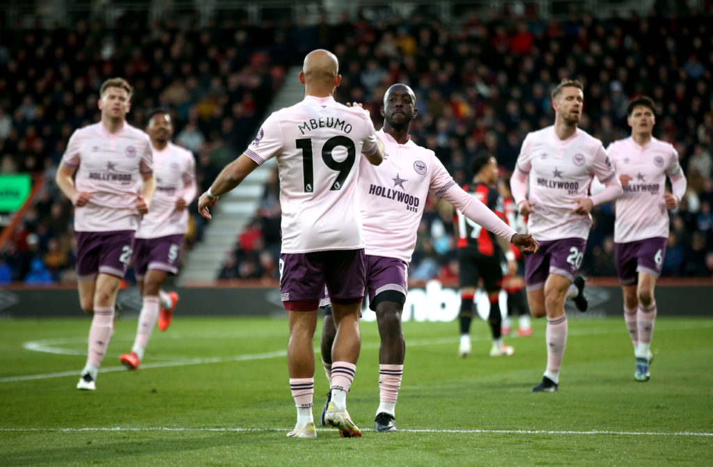 Yoane Wissa celebrates scoring a goal for Brentford.