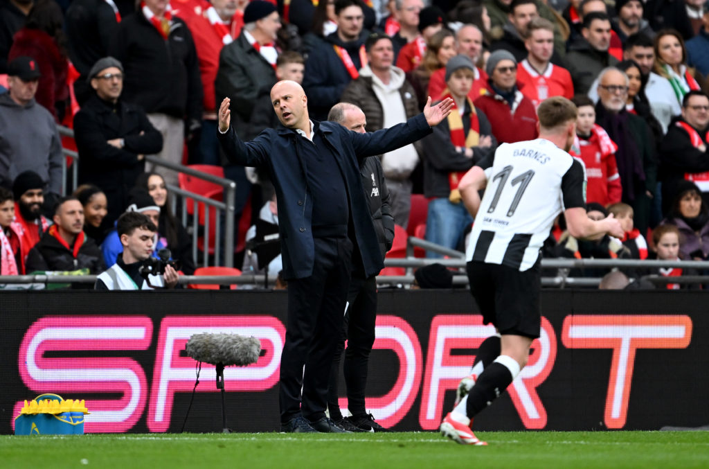 Arne Slot reacts during the Carabao Cup final between Newcastle United and Liverpool.