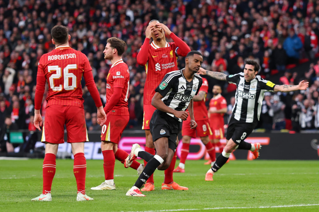 Alexander Isak scores for Newcastle United in the Carabao Cup final against Liverpool.