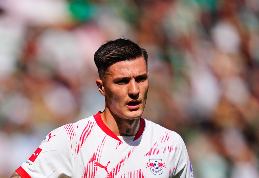 Benjamin Sesko looks on during the Bundesliga game between RB Leipzig and Werder Bremen.