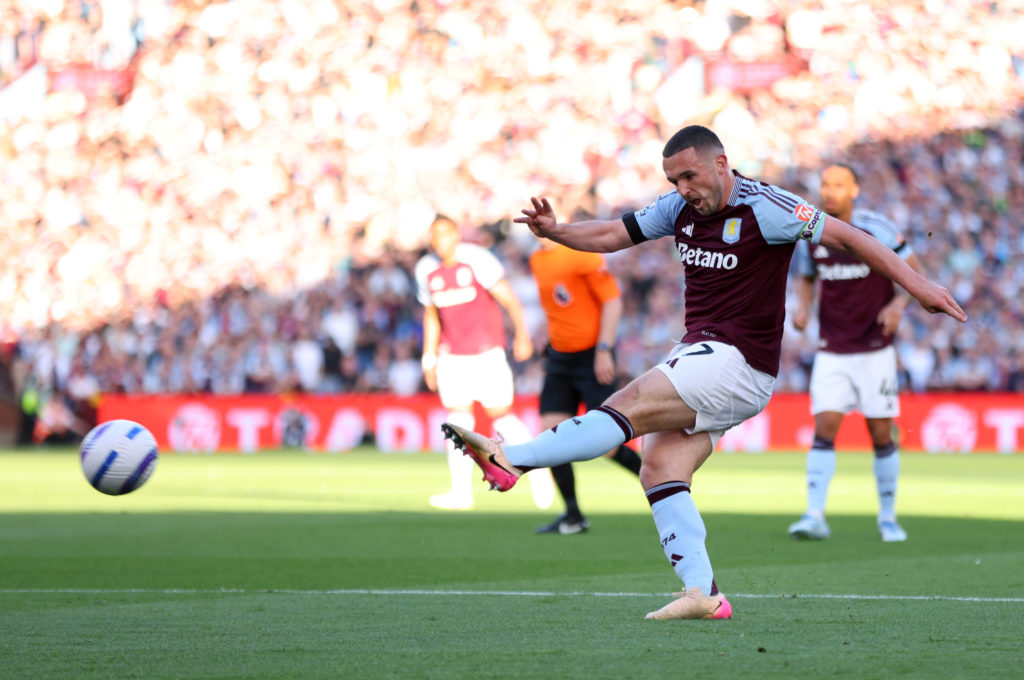 John McGinn strikes the ball during Aston Villa vs Tottenham Hotspur.