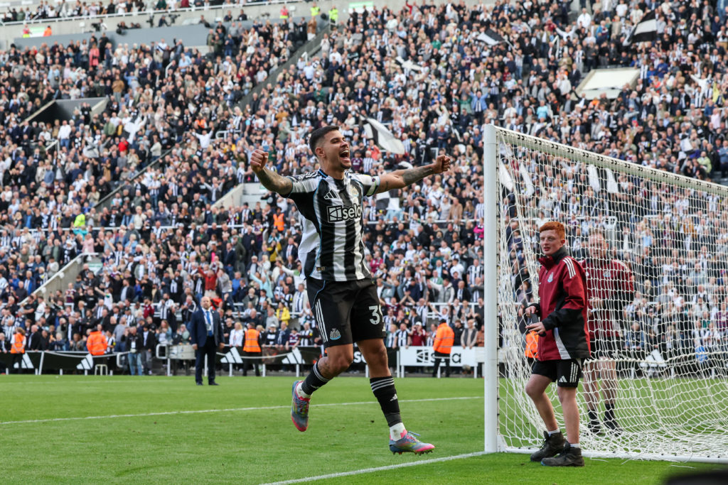 Bruno Guimaraes celebrates after learning that Newcastle United have qualified for the Champions League.