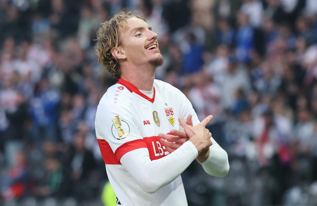 Nick Woltemade celebrating after a goal in the DFB Pokal final for VfB Stuttgart.
