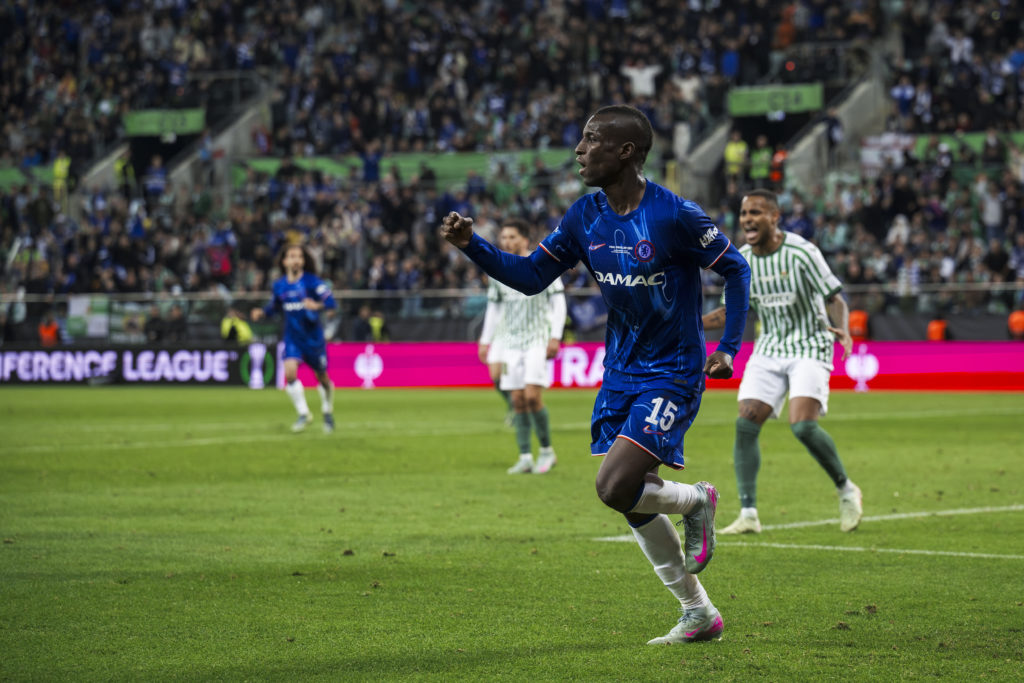 Nicolas Jackson celebrates scoring for Chelsea in the Europa Conference League final vs Real Betis.