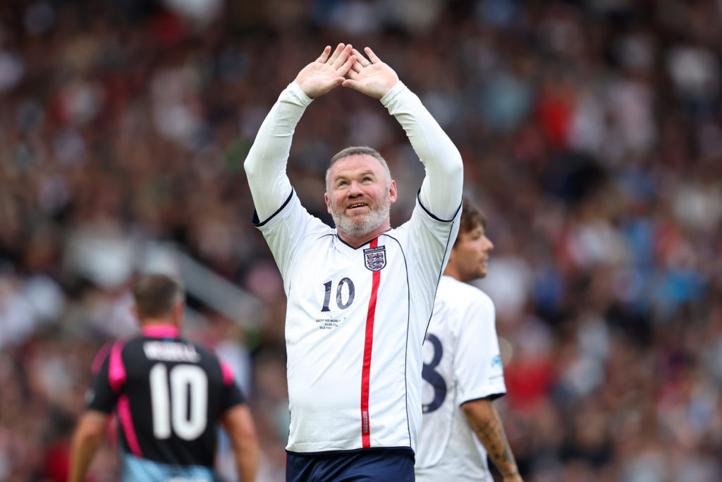 Wayne Rooney celebrates after scoring a goal during Soccer Aid.