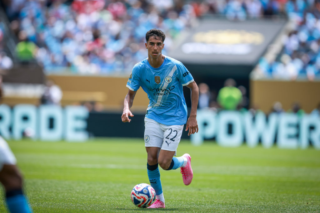 Vitor Reis in action at the Club World Cup for Manchester City.
