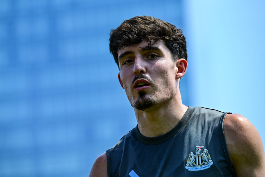 Tino Livramento looks on during a Newcastle United training session in pre-season.