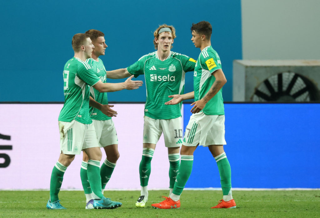 Anthony Gordon, Harvey Barnes, Matt Targett and Lewis Miley celebrate Newcastle United's goal against Tottenham in a pre-season friendly in Seoul, South Korea.