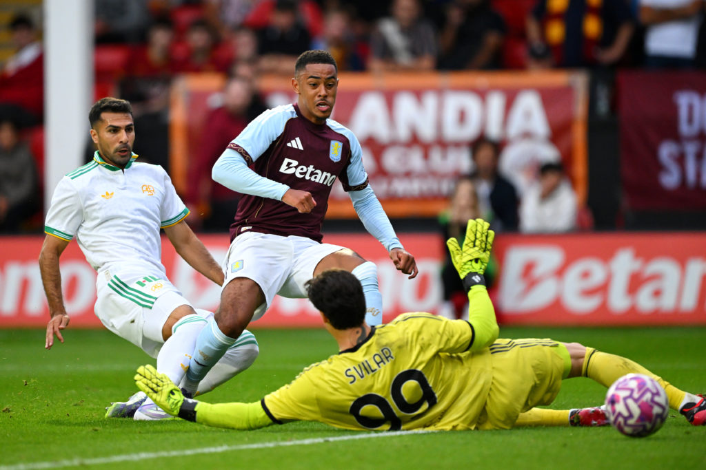 Jacob Ramsey scores a goal for Aston Villa during a friendly against Roma.