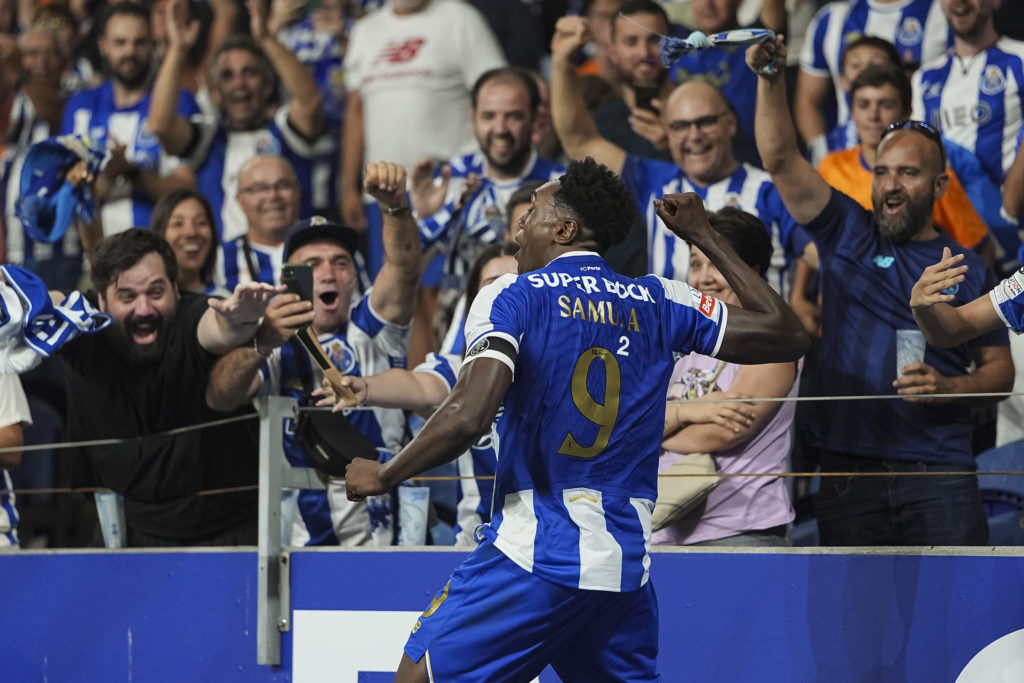 Samu Aghehowa celebrates after scoring in a Liga Portugal game between FC Porto and Vitoria SC