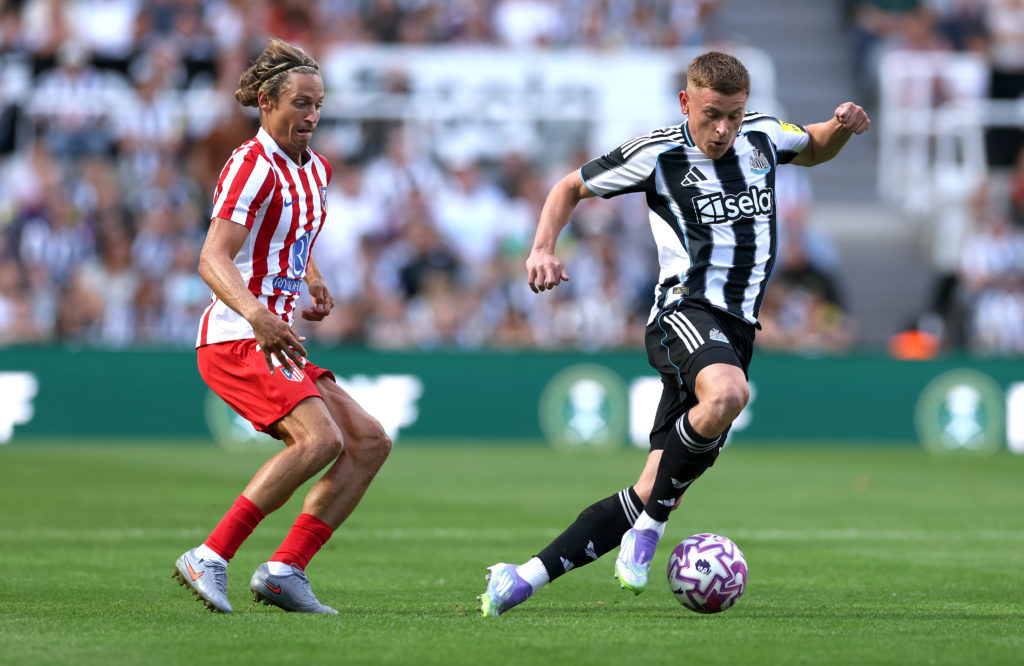 Harvey Barnes on the ball during a friendly between Newcastle United and Atletico Madrid.