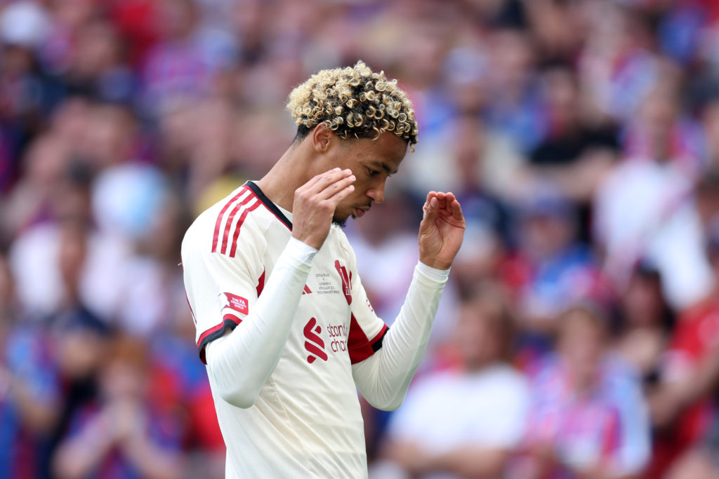 Hugo Ekitike celebrates scoring for Liverpool FC against Crystal Palace in the 2025 Commnunity Shield.