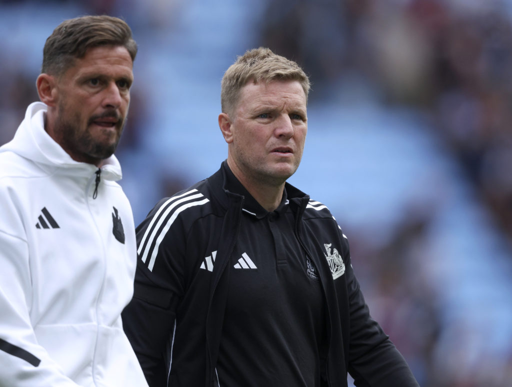 Eddie Howe and Jason Tindall leave the pitch after Newcastle United draw 0-0 with Aston Villa in the Premier League.