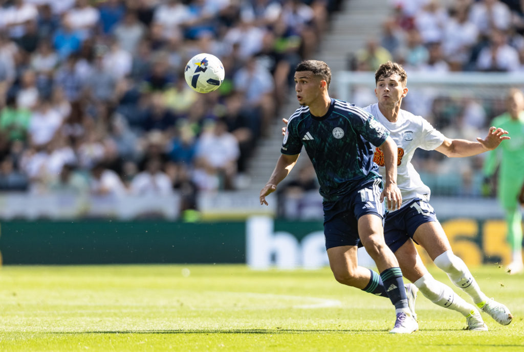 Bilal El Khannouss in action for Leicester City against Preston North End.