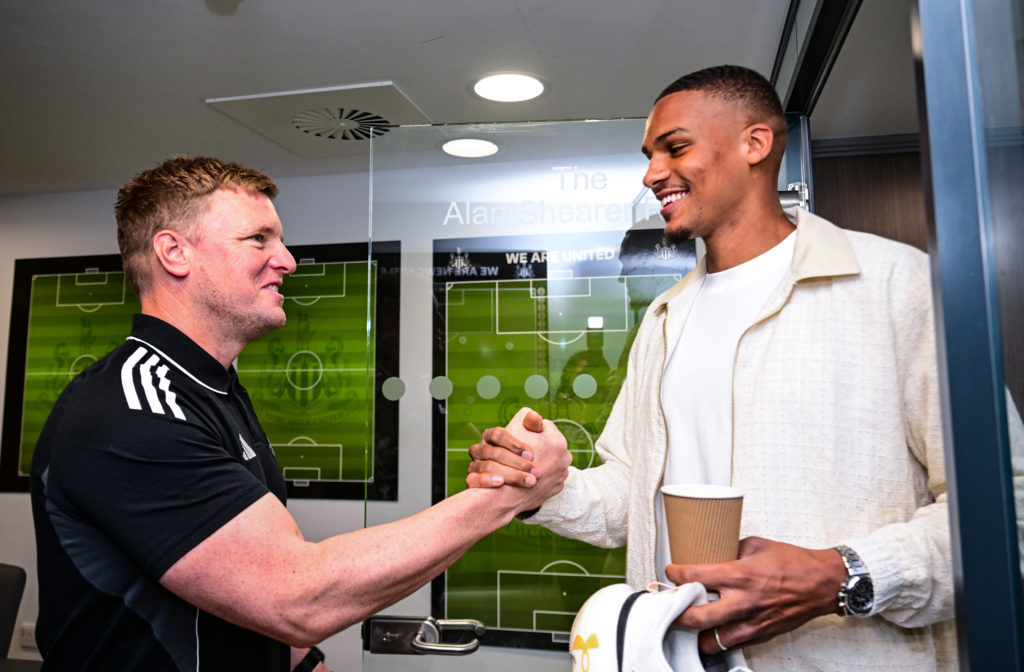 Eddie Howe meets Malick Thiaw after the defender signs for Newcastle United.