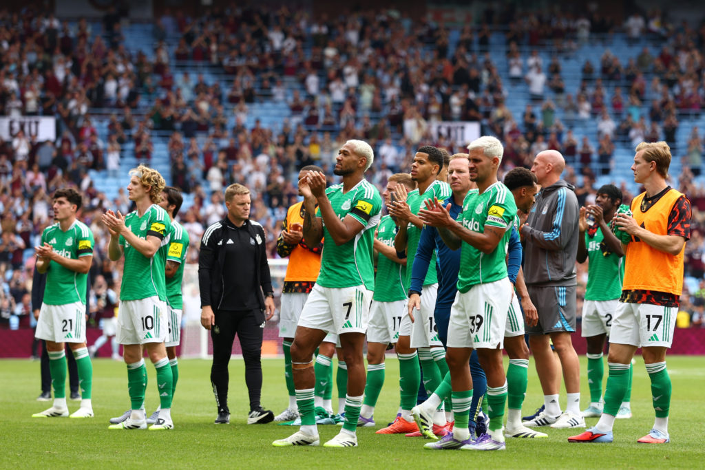 Newcastle United players applaud the fans following their draw with Aston Villa.