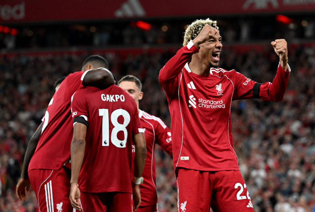 Hugo Ekitike celebrates after scoring in a Premier League game between Liverpool and Bournemouth.