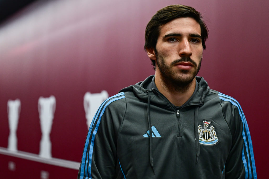 Sandro Tonali arrives at Villa Park before Newcastle United play Aston Villa in the Premier League.