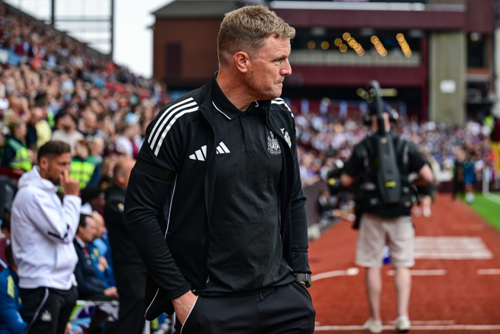 Eddie Howe looks on during a Premier League game between Aston Villa and Newcastle United.