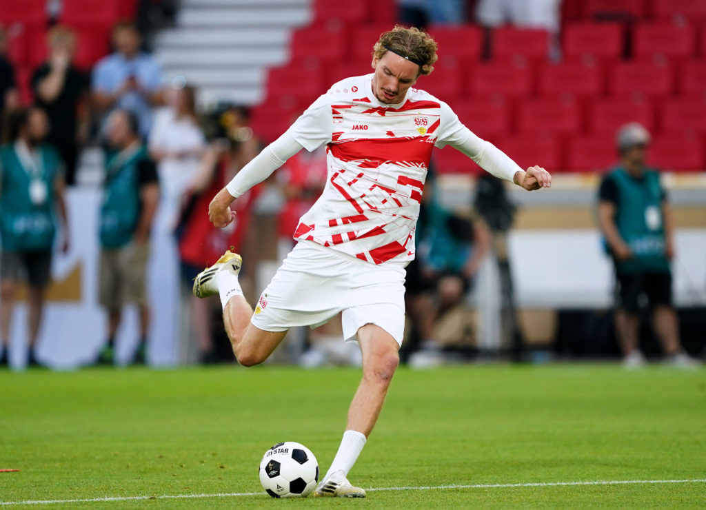 Nick Woltemade warms up before a supercup game between VfB Stuttgart v FC Bayern München