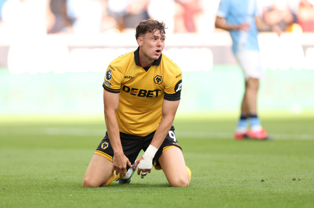 Jorgen Strand Larsen reacts during a game between Wolves and Manchester City.
