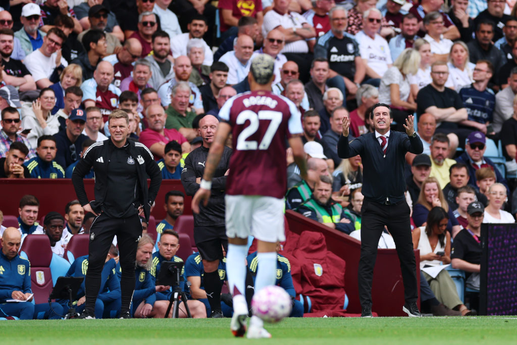 Unai Emery and Eddie Howe on the touchline during Aston Villa vs Newcastle United in the Premier League.