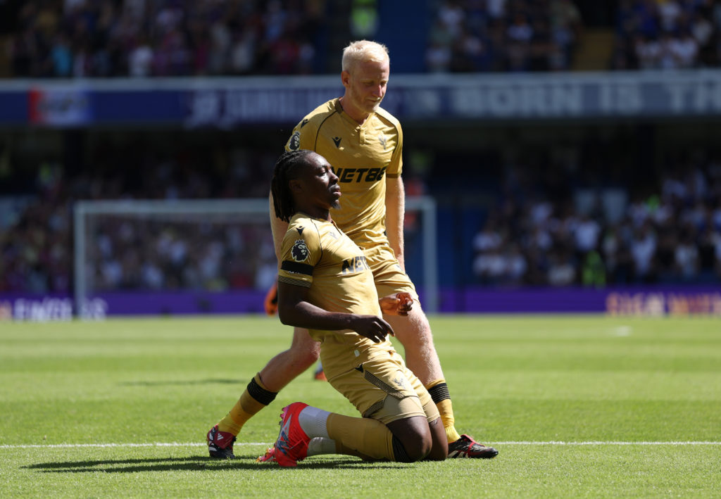 Eberechi Eze celebrates after scoring in a Premier League game between Chelsea and Crystal Palace.