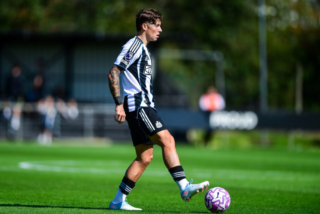 Harrison Ashby with the ball during a Premier League 2 game between Newcastle United and Southampton.