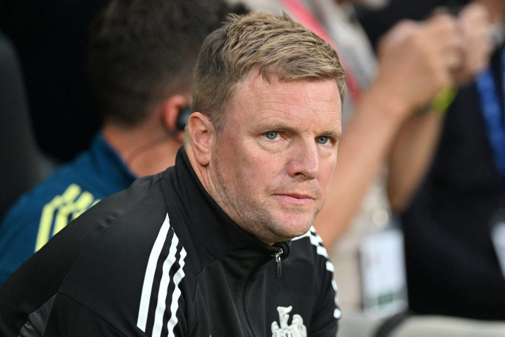 Eddie Howe looks on ahead of Newcastle United's Premier League game against Liverpool.