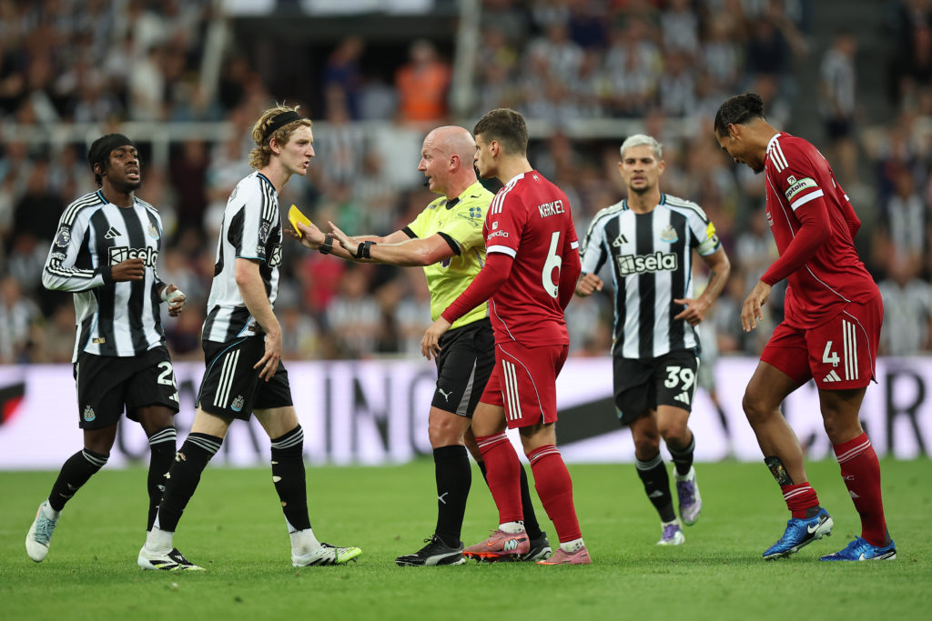 Anthony Gordon looks livid during a Premier League game between Newcastle United and Liverpool.