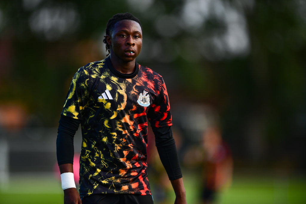 Trevan Sanusi warms up ahead of a Premier League 2 game between Newcastle United and Chelsea.