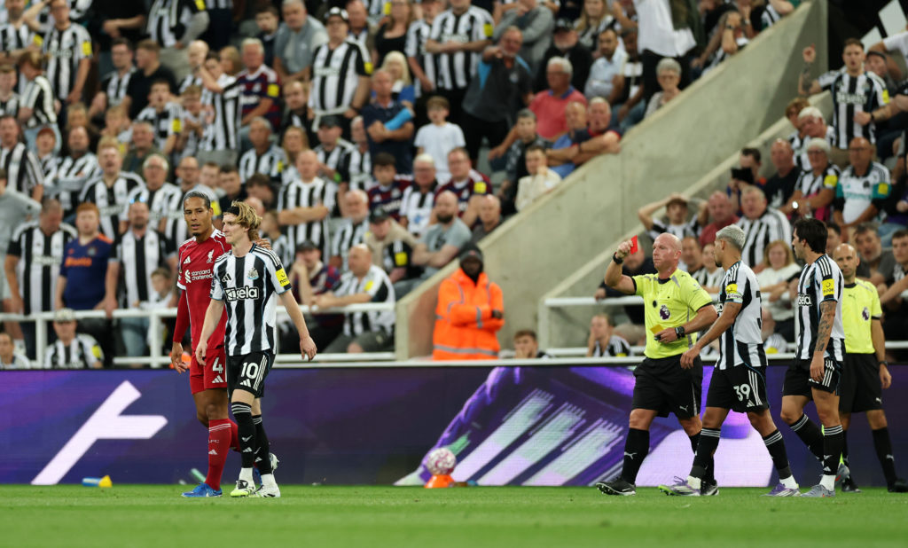 Anthony Gordon is sent off for Newcastle United against Liverpool.