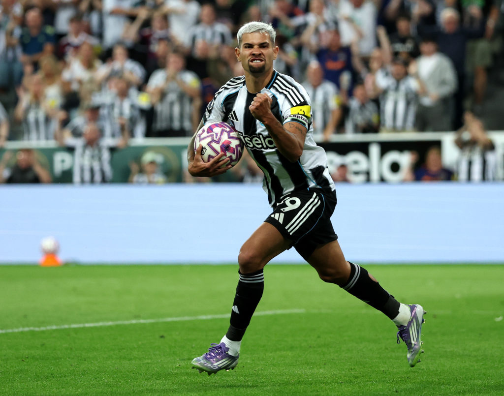 Bruno Guimaraes celebrates after scoring in a Premier League game between Newcastle United and Liverpool.