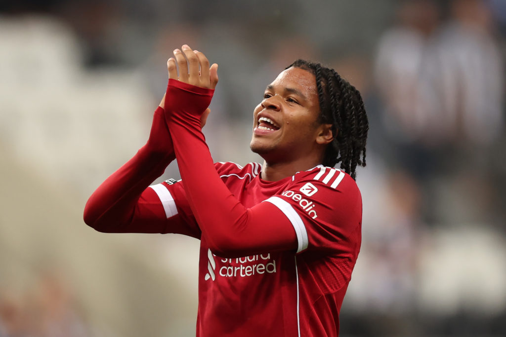 Rio Ngumoha celebrates after scoring Liverpool's winner against Newcastle United on his Premier League debut.