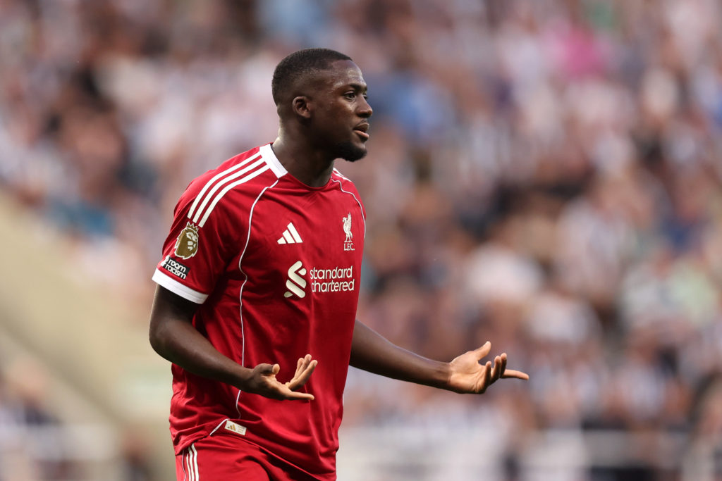 Ibrahima Konate reacts during Newcastle United vs Liverpool in the Premier League at St James' Park.