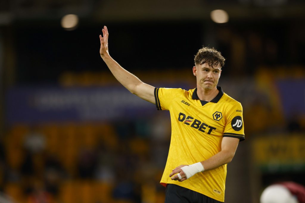 Jorgen Strand Larsen reacts during Wolves' Carabao Cup second round win over West Ham United.