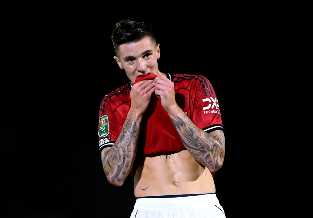 Benjamin Sesko reacts during Manchester United's Carabao Cup defeat to Grimsby Town.