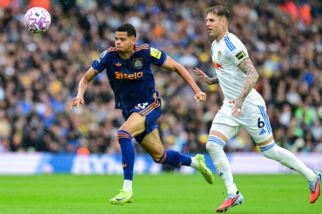 William Osula chases a ball during a Premier League game between Leeds United and Newcastle United.