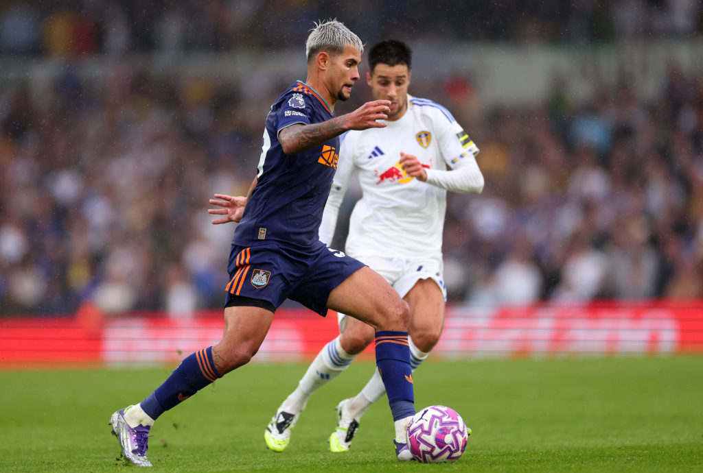 Bruno Guimaraes with the ball during a Premier League game between Leeds United and Newcastle United.