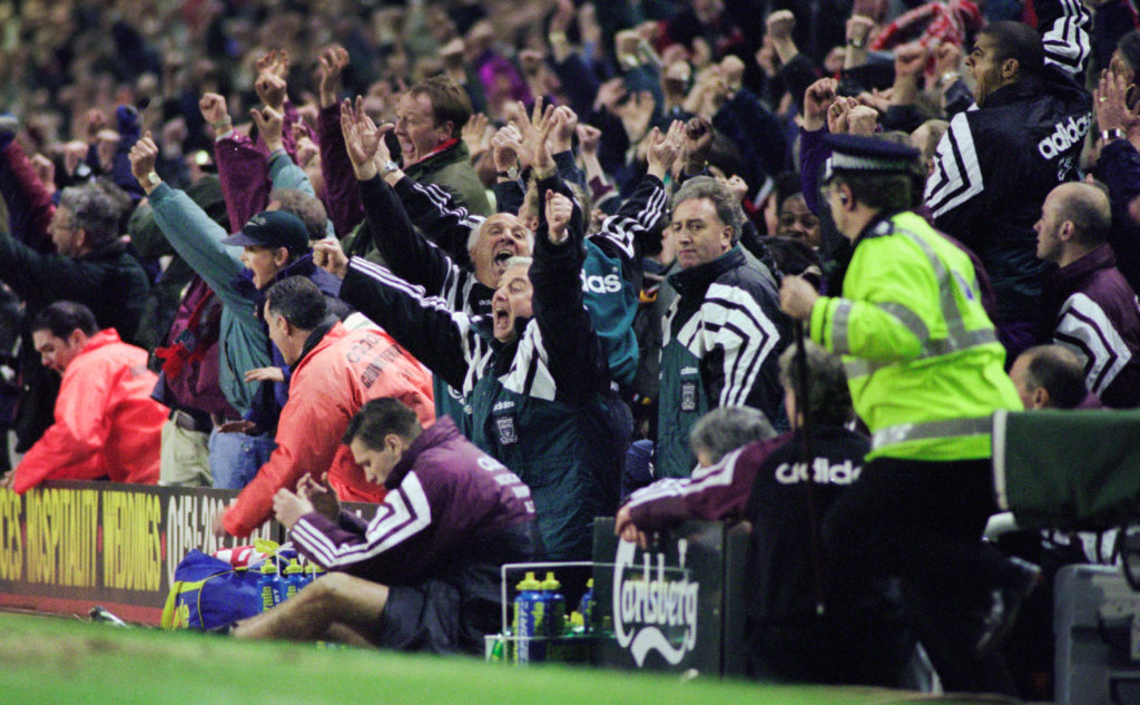 Kevin Keegan reacts after Liverpool make it 4-3 against Newcastle United in April 1996.