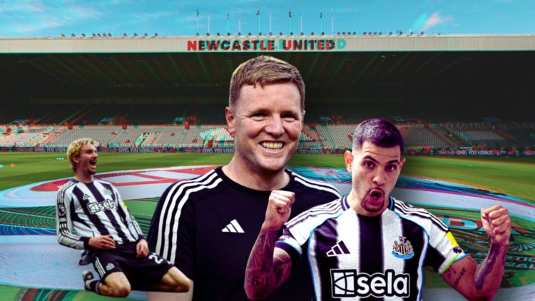Collage of Eddie Howe, Nick Woltemade and Bruno Guimaraes in front of St. James' Park.