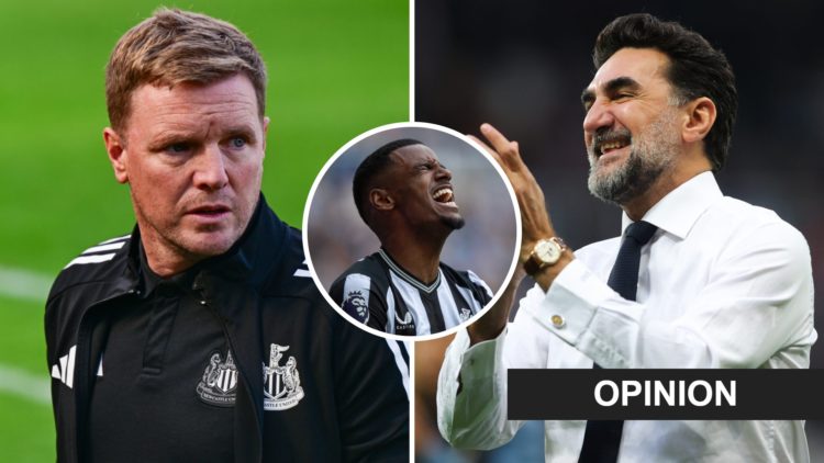 Eddie Howe looks on before a Newcastle United game. Newcastle United chairman Yasir Al-Rumayyan claps towards fans. Inset, Alexander Isak looks fru...