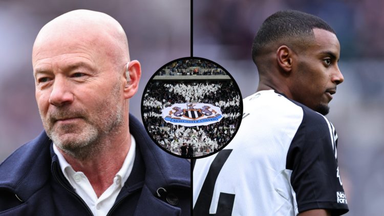Alan Shearer doing punditry, Alexander Isak playing for Newcastle United, Newcastle United badge on a banner