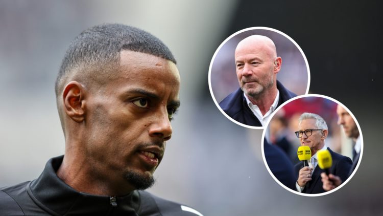 Alexander Isak warming up for Newcastle United, Alan Shearer doing punditry, Gary Lineker doing punditry
