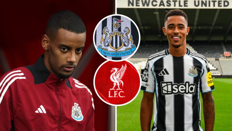 Alexander Isak warming up for Newcastle United, Jacob Ramsey is unveiled as a Newcastle United player, Newcastle United badge, Liverpool badge