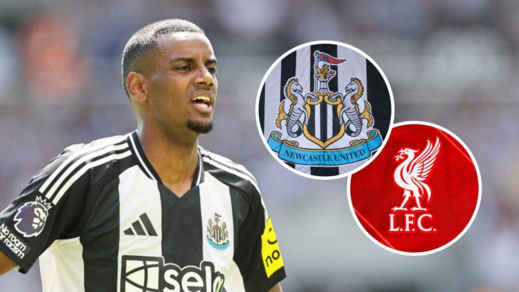 Alexander Isak playing for Newcastle United, Newcastle United badge, Liverpool badge