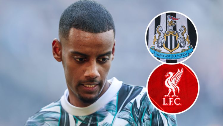 Alexander Isak warms up for Newcastle United, Newcastle United badge, Liverpool badge